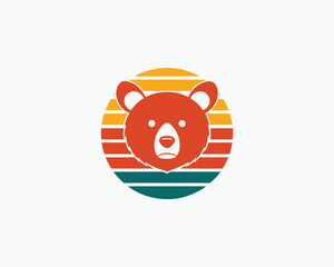 Retro Summer Vibes Featuring a Bear Head in a Striped Sunset Design on a White Background  