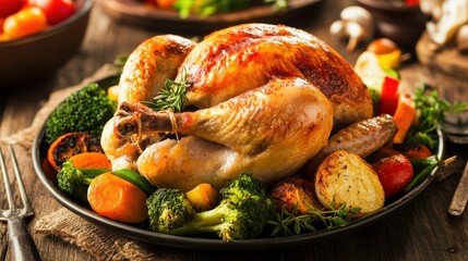 Fototapeta premium A succulent whole roast chicken, golden-brown and juicy, is served with an assortment of roasted vegetables on a plate.