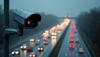 Speed camera monitors busy traffic road. Focus on speed control road safety on highways. Transportation security, journey surveillance with automated technology, car commute safety.