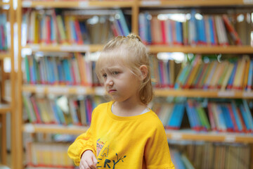 Young girl exploring shelves in a bright library during the day while wearing a cheerful yellow sweater