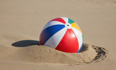 Obraz premium A beach ball partially covered in sand on a sunny day