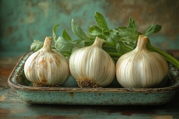 Organic garlic bulbs with fresh green stems, rustic texture and vibrant colors, soft natural light highlighting the details of the garlic and herbs 