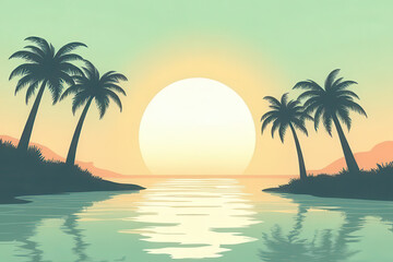 Discover Abstract Sunset Paradise: Mint Green Peach Pastel Sky, Silhouetted Palm Trees, Romantic Tranquil Atmosphere