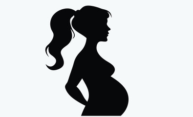 Pregnant woman silhouette, Elegant Pregnant Woman Silhouette with Long Hair , A striking silhouette of a side-profile pregnant woman, embodying calm and anticipation. 