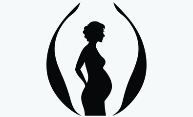 Pregnant woman silhouette, Elegant Pregnant Woman Silhouette with Long Hair , A striking silhouette of a side-profile pregnant woman, embodying calm and anticipation. 