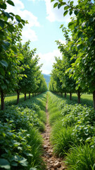 Fototapeta premium A picturesque view of an orchard with rows of trees along a dirt path under a clear sky.