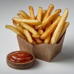Crispy Golden French Fries in a Wooden Container with Ketchup for Dipping