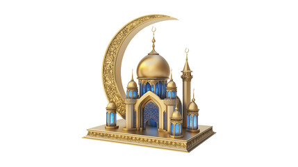 Obraz premium Golden Mosque Crescent Moon Ramadan Eid Mubarak Islamic Art,