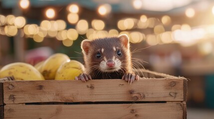 Obraz premium Adorable ferret peeking from wooden crate with melons and soft bokeh lights cute animal pet domestic mammal farm harvest