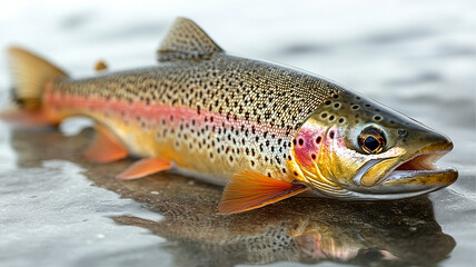 of vibrant rainbow trout lying in shallow water with detailed scale patterns