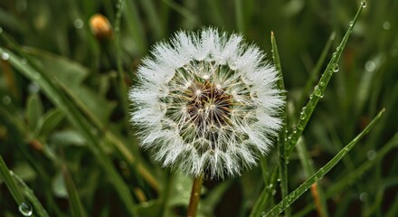 White Dandelion Seed Head Clock Rain Drops Water Droplets Close Up Macro Nature Delicate Fragile Hope