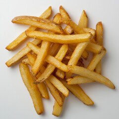 Pile of Golden French Fries, Crispy and Delicious Potato Snack on White Backdrop