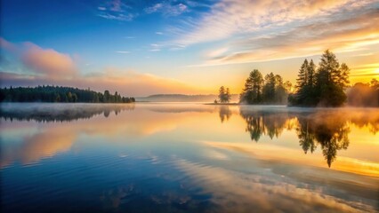 Serene mist rising from tranquil lake surface at dawn, tranquility, nature,  tranquility, nature, solitude