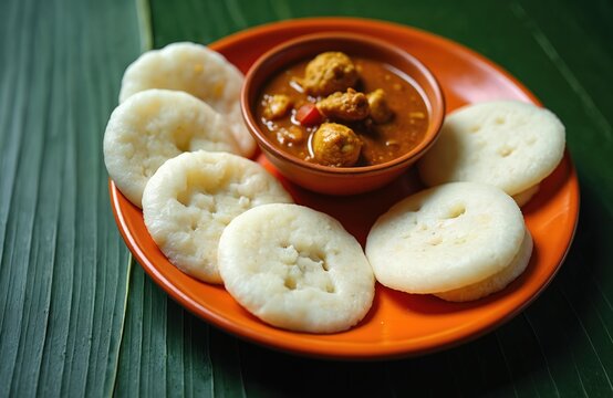 Chicken curry served with pathiri and ideyappam on orange plate. Traditional Indian cuisine, flavorful curry with meat, tasty fresh dish and bread arranged on dark green texture background.
