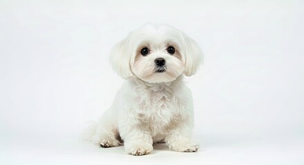 Fototapeta premium Adorable White Maltese Dog Full Body Portrait Isolated White Background Studio Shot Pet Canine Fluffy