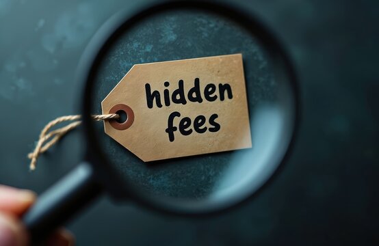 Conceptual illustration hidden fees in financial transactions. Tag with text hidden fees held against dark blurred background. Magnifying glass fee. Concept finance awareness transparency in spending.
