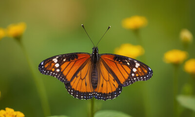 Fototapeta premium A colorful butterfly perched on a bright yellow flower, perfect for nature or beauty themes