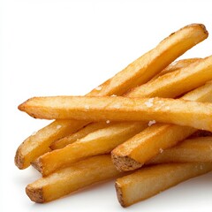 Golden French Fries Stacked with Sea Salt on White Background, Macro Shot