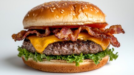 Delicious Cheeseburger with Bacon, Tomato, and Lettuce on a Sesame Bun
