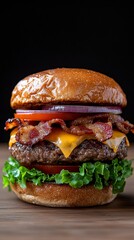Mouthwatering Double Cheeseburger with Crispy Bacon, Fresh Vegetables, on Wooden Table