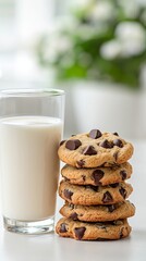 Stack of Fresh Chocolate Chip Cookies with Glass of Milk for Snack Time Treat