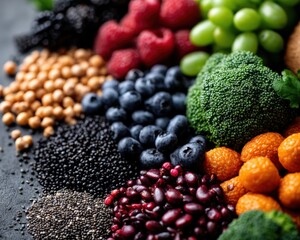 Close-up of a colorful, healthy meal plan with various fruits and vegetables - assortment plan variety ripe close-up
