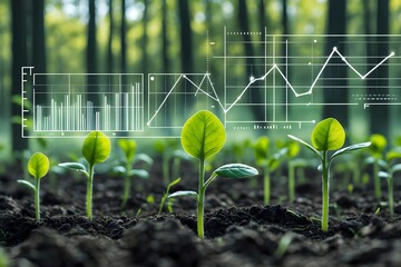Young green seedlings sprouting from soil, overlaid with white digital graphs. The image conveys growth, technology, and ecological data analysis