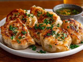 Pan Fried Dumplings with Fresh Herbs and Dipping Sauce, Asian Cuisine Plate
