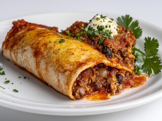 Savory Beef Enchilada with Chili Topping and Sour Cream Drizzle on White Plate