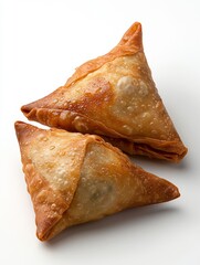 Crispy Golden Samosas on White Background Indian Appetizer Food Photography