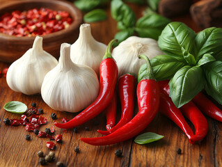 a wooden board with a variety of spices and herbs, including red chili peppers, garlic, and basil leaves, arranged on it. The board is surrounded by additional spices and garlic cloves