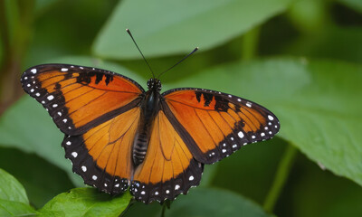 Obraz premium Close-up of an orange butterfly perched on the edge of a leaf, with its wings spread out