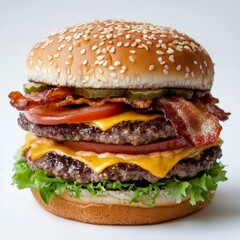 Delicious Double Bacon Cheeseburger Stacked High with Fresh Ingredients