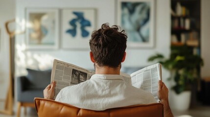 Man reading newspaper in modern living room