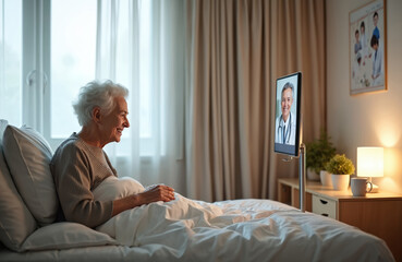 Smiling elderly woman video chats doctor in modern nursing home ward. Telemedicine appointment on digital screen. Remote healthcare for seniors, innovative medical tech solution, online consultation.