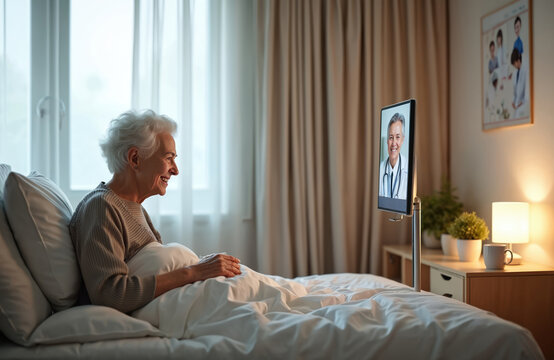 Smiling elderly woman video chats doctor in modern nursing home ward. Telemedicine appointment on digital screen. Remote healthcare for seniors, innovative medical tech solution, online consultation. - Powered by Adobe