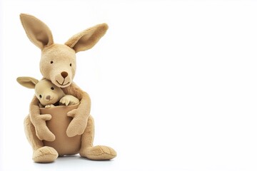 Soft toy kangaroo with a baby kangaroo isolated on white background, generated AI