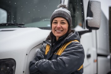 Portrait of a Hispanic middle aged female truck driver infront of a truck in Germany while snowing