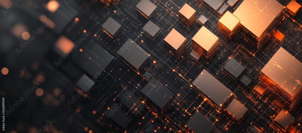 Poster An abstract background with digital and geometric elements, such as cubes or lines representing data flow in an AI system on a dark grey backdrop Generative AI