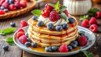 Fluffy pancake with whipped cream and fresh berries, elegant breakfast delight