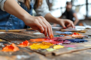 Obraz premium Artist mixing paints on palette creative hand art detail