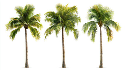 Three isolated palm trees stand gracefully against a stark white background, their fronds casting subtle shadows beneath a bright, tropical sunlight environment.