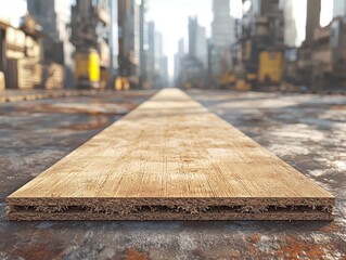 Conceptual Image of Oriented Strand Board (OSB) Edge in Urban Environment with Industrial Background