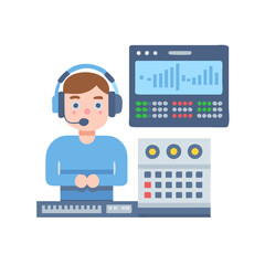 Sound Engineer Mixing Audio at Control Console Illustration