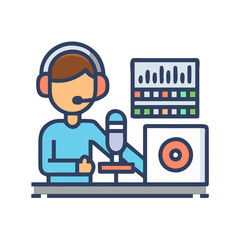Podcast Host Broadcasting Live from Recording Studio Illustration