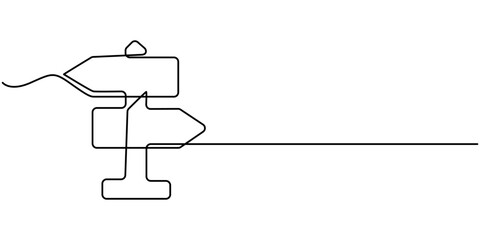 One Continuous line drawing of Road direction signpost arrows to the right and left isolated on white. Pointer symbol in liner style. Vector illustration for web banner, design template, postcard. 