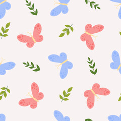 Seamless pattern with childish blue red butterfly on pink background. Cute vector illustration with floral plants elements for design fabric and textiles.