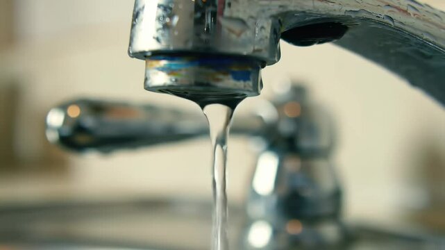  Close-up of a leaky faucet with dripping water droplet.