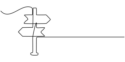 One Continuous line drawing of Road direction signpost arrows to the right and left isolated on white. Pointer symbol in liner style. Vector illustration for web banner, design template, postcard. 