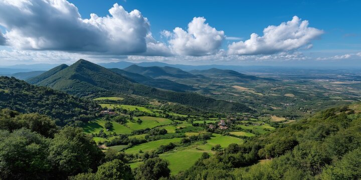 A beautiful mountain range with a clear blue sky. The mountains are covered in lush green trees and the sky is dotted with clouds. The scene is peaceful and serene, with a sense of calmness - Powered by Adobe